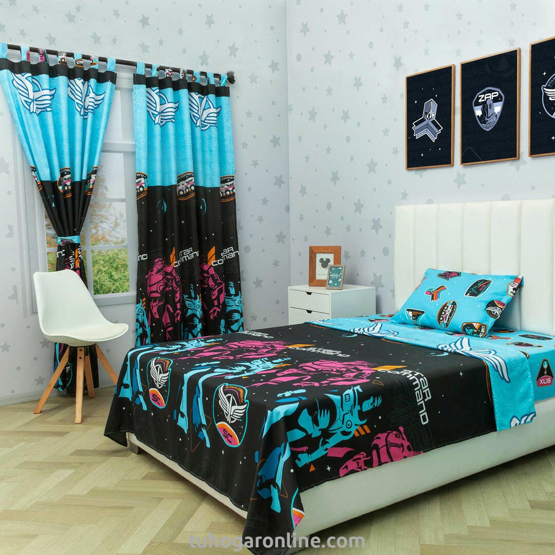 Combo Juego de Sabanas y Cortina Infantil Disney Negro y Azul para Cama Doble 140 X 190 Cm de Buzz Lightyear - SABANAS | Bylmo