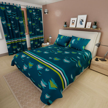 Combo Juego de Sabanas y Cortina Azul Oscuro y Verde para Cama Queen 160 X 190 Cm de Flechas - SABANAS | Bylmo