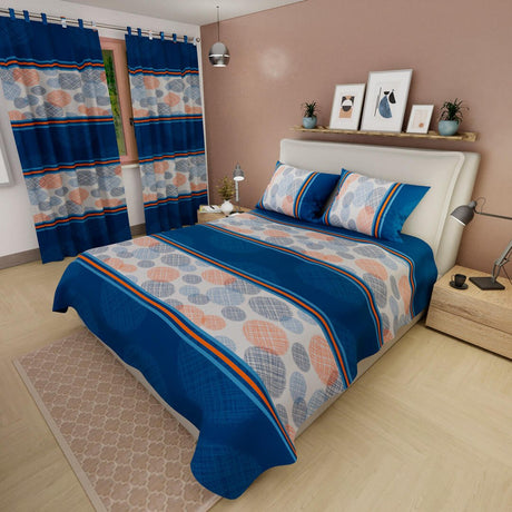 Combo Juego de Sabanas y Cortina Azul Oscuro y Azul para Cama Queen 160 X 190 Cm de Circulos Y Lineas - SABANAS | Bylmo