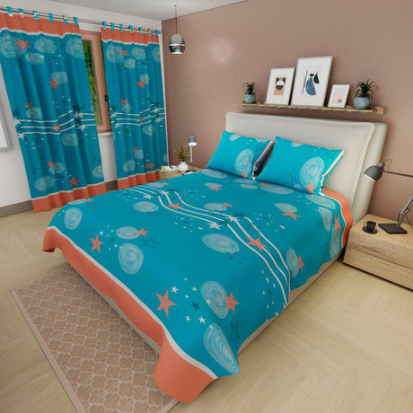 Combo Juego de Sabanas y Cortina Azul y Salmón para Cama Queen 160 X 190 Cm de Circulos Y Estrellas - SABANAS | Bylmo