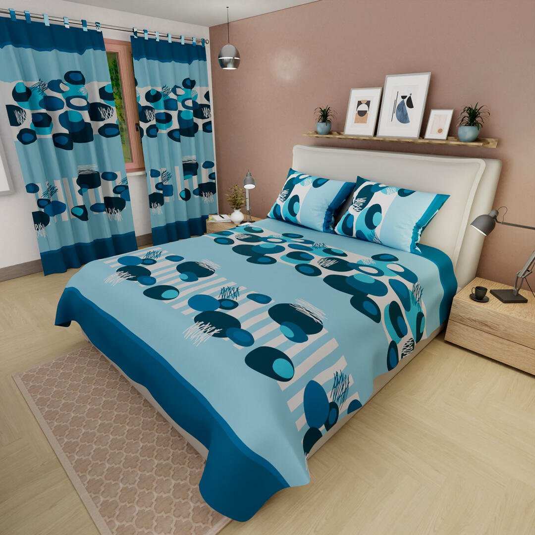 Combo Juego de Sabanas y Cortina Azul Claro y Azul Oscuro para Cama Queen 160 X 190 Cm de Circulos - SABANAS | Bylmo