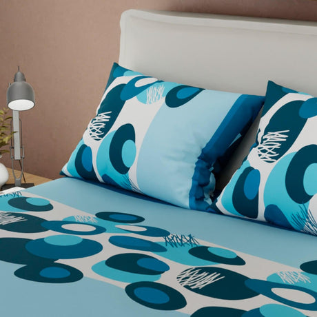 Combo Juego de Sabanas y Cortina Azul Claro y Azul Oscuro para Cama Queen 160 X 190 Cm de Circulos - SABANAS | Bylmo