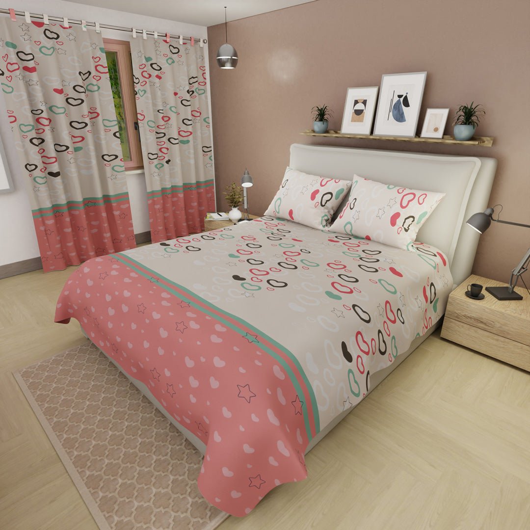 Combo Juego de Sabanas y Cortina Explosion de Amor Blanco y Rosado para Cama Doble 140 X 190 Cm de Estrellas Y Corazones - SABANAS | Bylmo