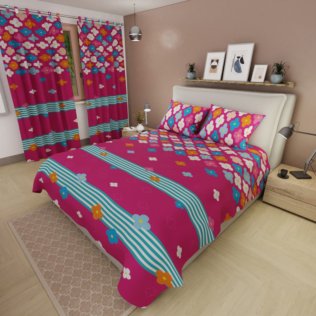 Combo Juego de Sabanas y Cortina Fiesta Floral Fucsia y Azul para Cama Queen 160 X 190 Cm de Flores - SABANAS | Bylmo