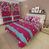 Combo Juego de Sabanas y Cortina Fiesta Floral Fucsia y Azul para Cama Queen 160 X 190 Cm de Flores - SABANAS | Bylmo