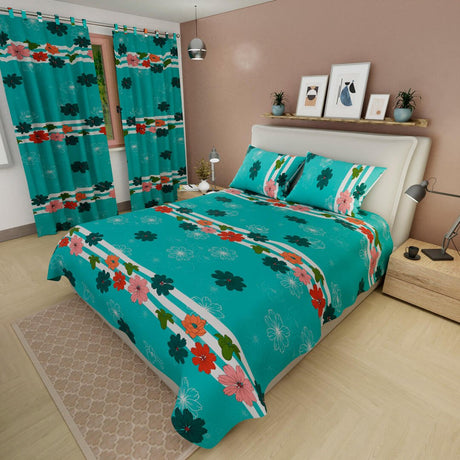 Combo Juego de Sabanas y Cortina Verde Aguamarina y Blanco para Cama Queen 160 X 190 Cm de Flores - SABANAS | Bylmo