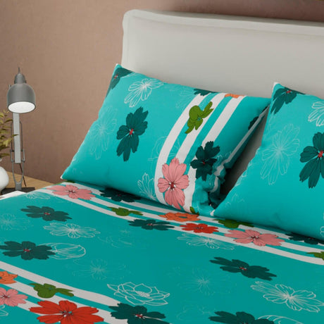 Combo Juego de Sabanas y Cortina Verde Aguamarina y Blanco para Cama Queen 160 X 190 Cm de Flores - SABANAS | Bylmo