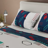 Combo Juego de Sabanas y Cortina Fusión Moderna Blanco y Azul Oscuro para Cama Doble 140 X 190 Cm de Figuras - SABANAS | Bylmo