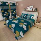 Combo Juego de Sabanas y Cortina Verde Azul para Cama Queen 160 X 190 Cm de Figuras Geometricas - SABANAS | Bylmo