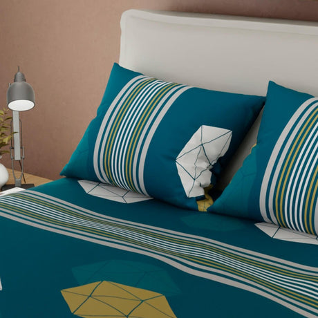 Combo Juego de Sabanas y Cortina Verde Azul para Cama Queen 160 X 190 Cm de Figuras Geometricas - SABANAS | Bylmo