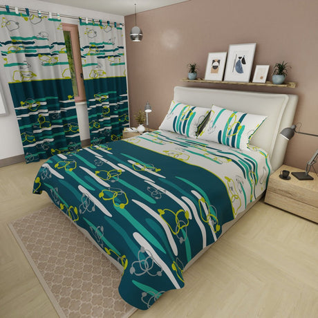 Combo Juego de Sabanas y Cortina Líneas de Oceáno Blanco y Verde Azul para Cama Doble 140 X 190 Cm de Lineas Y Circulos - SABANAS | Bylmo