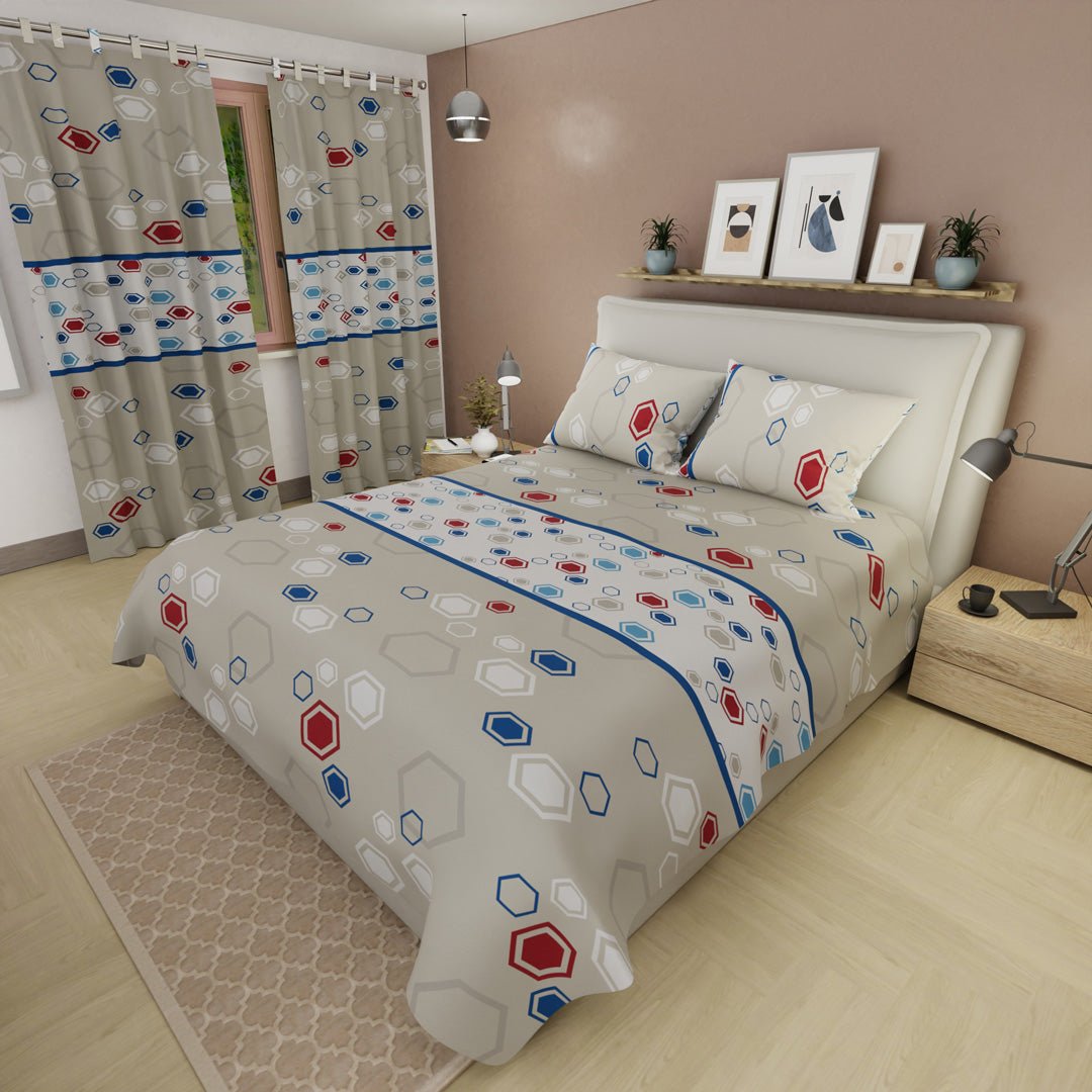 Combo Juego de Sabanas y Cortina mosaico Moderno Gris Oscuro y Azul Oscuro para Cama Queen 160 X 190 Cm de Hexagonos - SABANAS | Bylmo