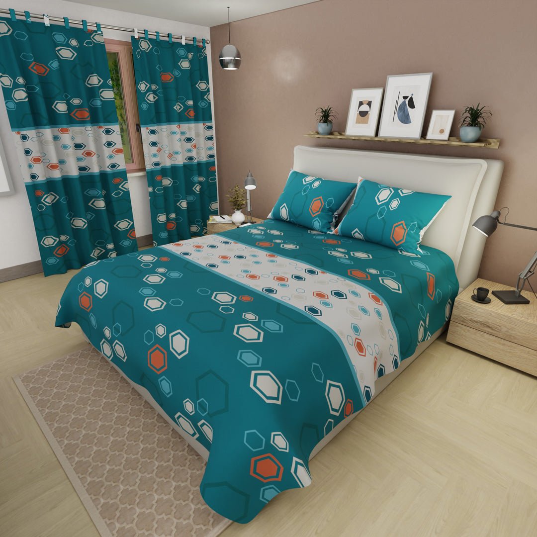 Combo Juego de Sabanas y Cortina Mosaico Moderno Azul Aguamarina y Blanco para Cama Queen 160 X 190 Cm de Hexagonos - SABANAS | Bylmo