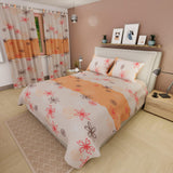 Combo Juego de Sabanas y Cortina Rosado y Naranja Claro para Cama Queen 160 X 190 Cm de Flores - SABANAS | Bylmo