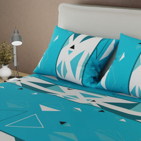 Combo Juego de Sabanas y Cortina Pulse Moderno Azul y Blanco para Cama Doble 140 X 190 Cm de Triangulos - SABANAS | Bylmo