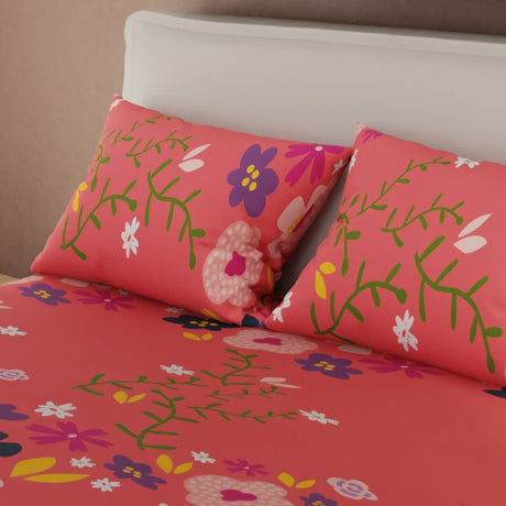 Combo Juego de Sabanas y Cortina Ramillete de Colores Salmón para Cama Queen 160 X 190 Cm de Hojas Y Flores - SABANAS | Bylmo