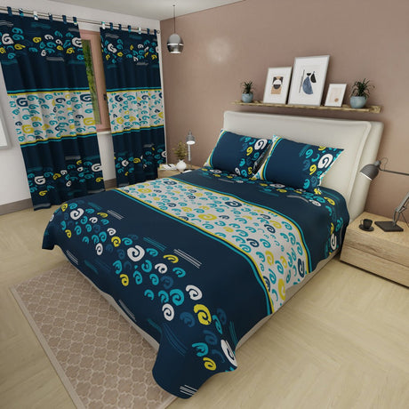 Combo Juego de Sabanas y Cortina Vórtice Creativo Azul Oscuro y Blanco para Cama Queen 160 X 190 Cm de Espiral - SABANAS | Bylmo