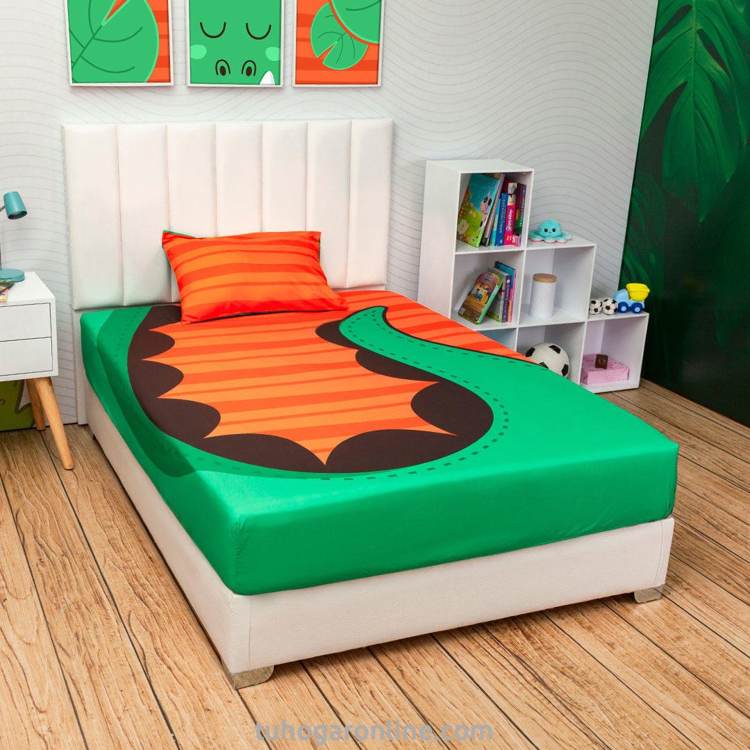 Sábana Infantil Zoo Naranja y Verde para Cama Semidoble 120 X 190 Cm de Cocodrilo - SABANAS | Bylmo