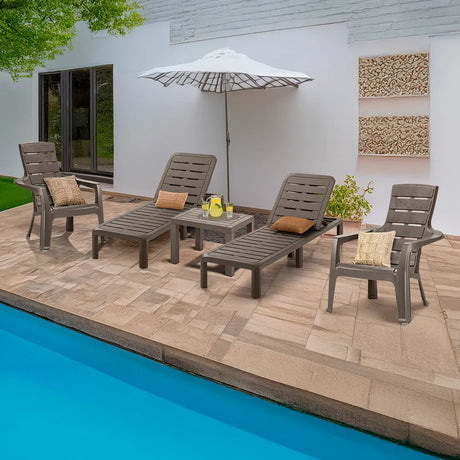 Combo Piscina Rimax Moca 57.5x29cm con Dos Camas Asoleadoras Dos Sillas Playeras y Una Mesa de Centro Recatangular - SILLAS DE EXTERIOR | Bylmo