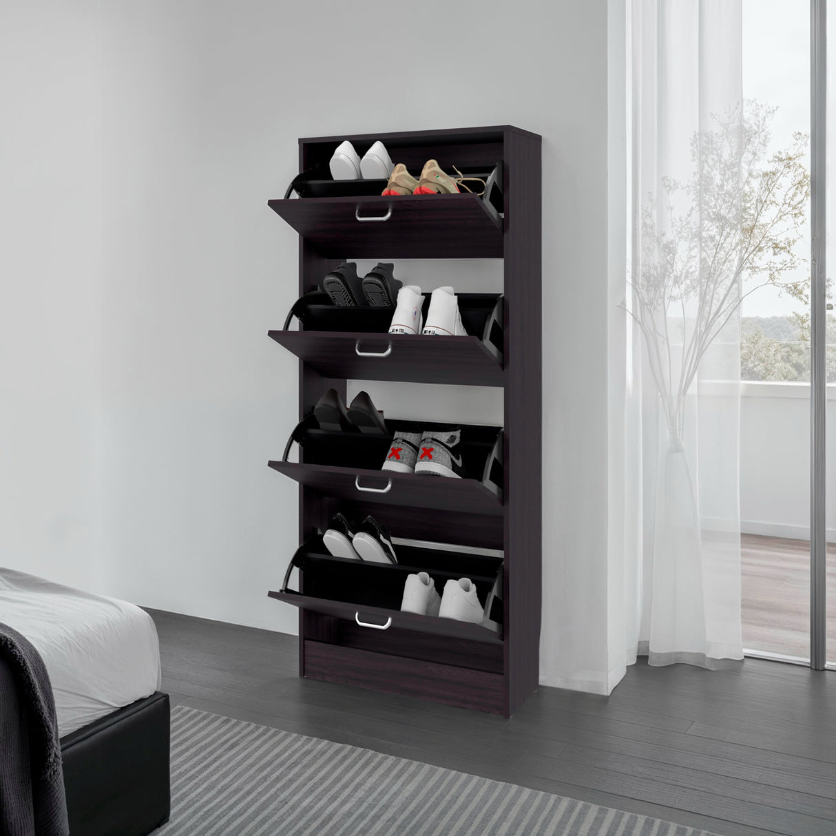 Zapatero Inola Wengue 63x175cm Vertical de Cuatro Niveles con Cuatro Puertas - ZAPATEROS | Bylmo