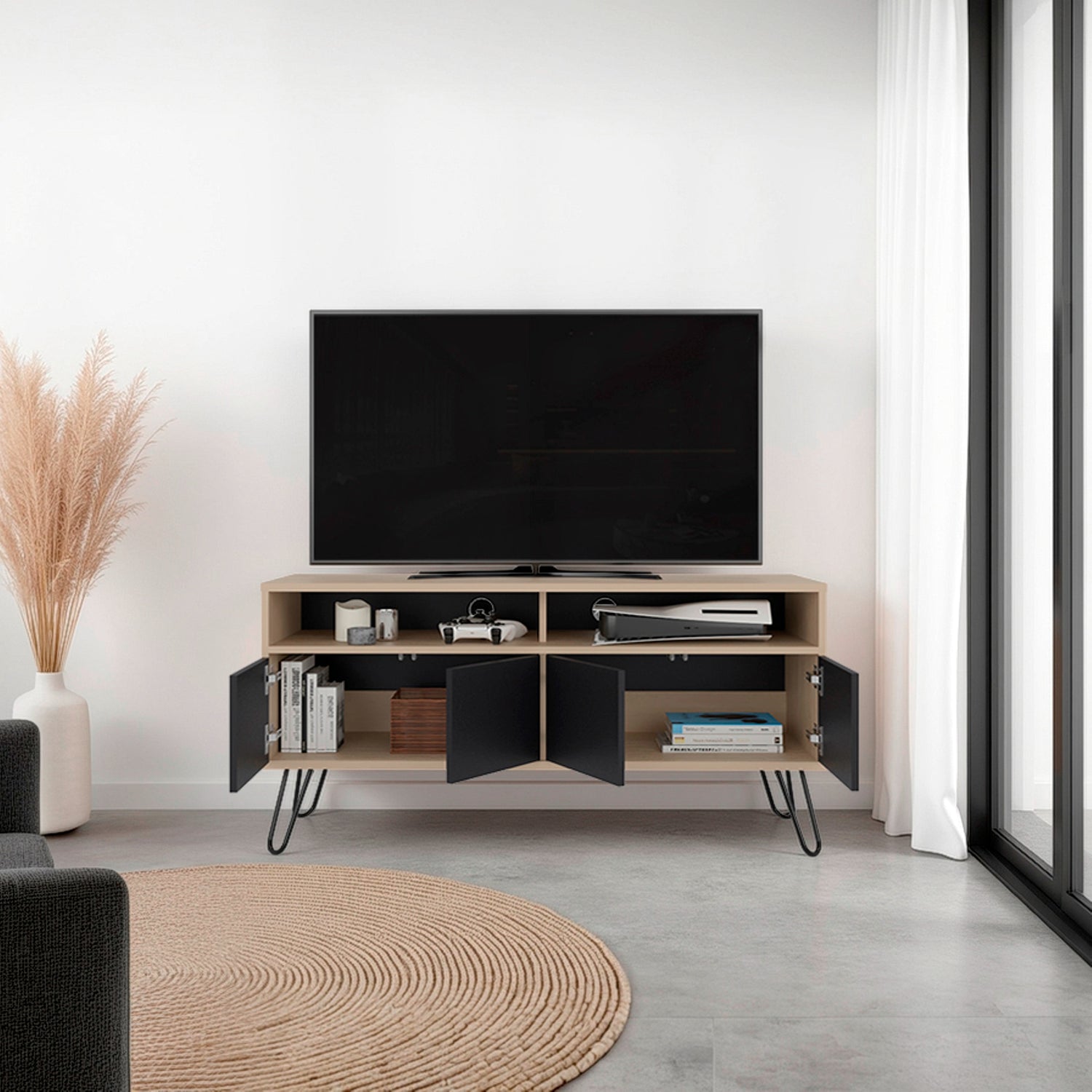 Rack de TV Vassel Cartagena y Wengue 123.5x60.6cm Para TV Hasta 55" Pulgadaas con Cuatro Compartimientos y con Ranura para Cables - MUEBLES DE TV | Bylmo