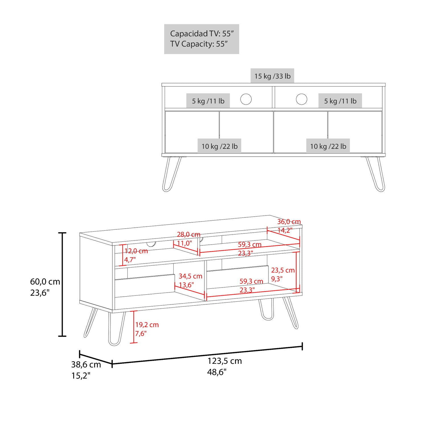 Rack de TV Vassel Cartagena y Wengue 123.5x60.6cm Para TV Hasta 55" Pulgadaas con Cuatro Compartimientos y con Ranura para Cables - MUEBLES DE TV | Bylmo