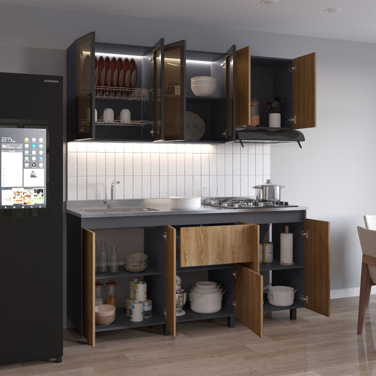 Cocina Lioni Plomo y Fresno Europeo 180x70cm sin Mesón y sin Estufa - COCINAS | Bylmo