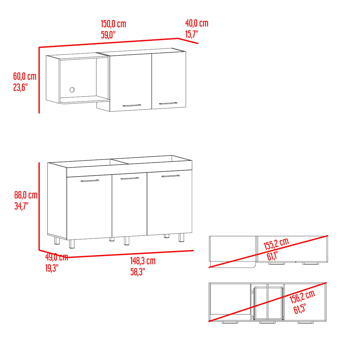 Cocina Miró Blanco Marquez y Macadamia 150x72cm sin Mesón y sin Estufa - COCINAS | Bylmo