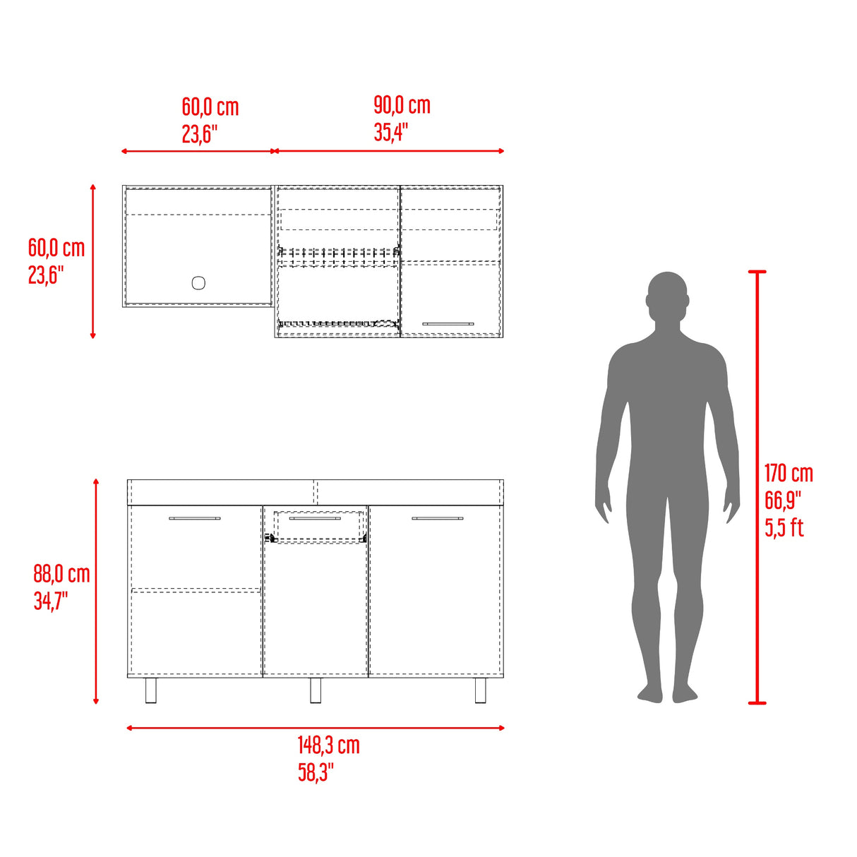 Cocina Miró Blanco Marquez y Macadamia 150x72cm sin Mesón y sin Estufa - COCINAS | Bylmo