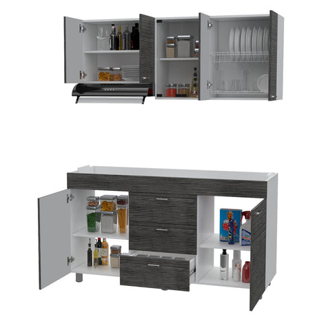 Cocina Lumina Blanco Roble y Gris 150x60cm con Mesón de Acero Inoxidable Lado Derecha y con Estufa - COCINAS | Bylmo