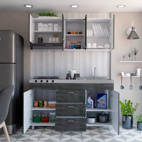 Cocina Lumina Blanco Roble y Gris 150x60cm con Mesón de Acero Inoxidable Lado Derecha y con Estufa - COCINAS | Bylmo