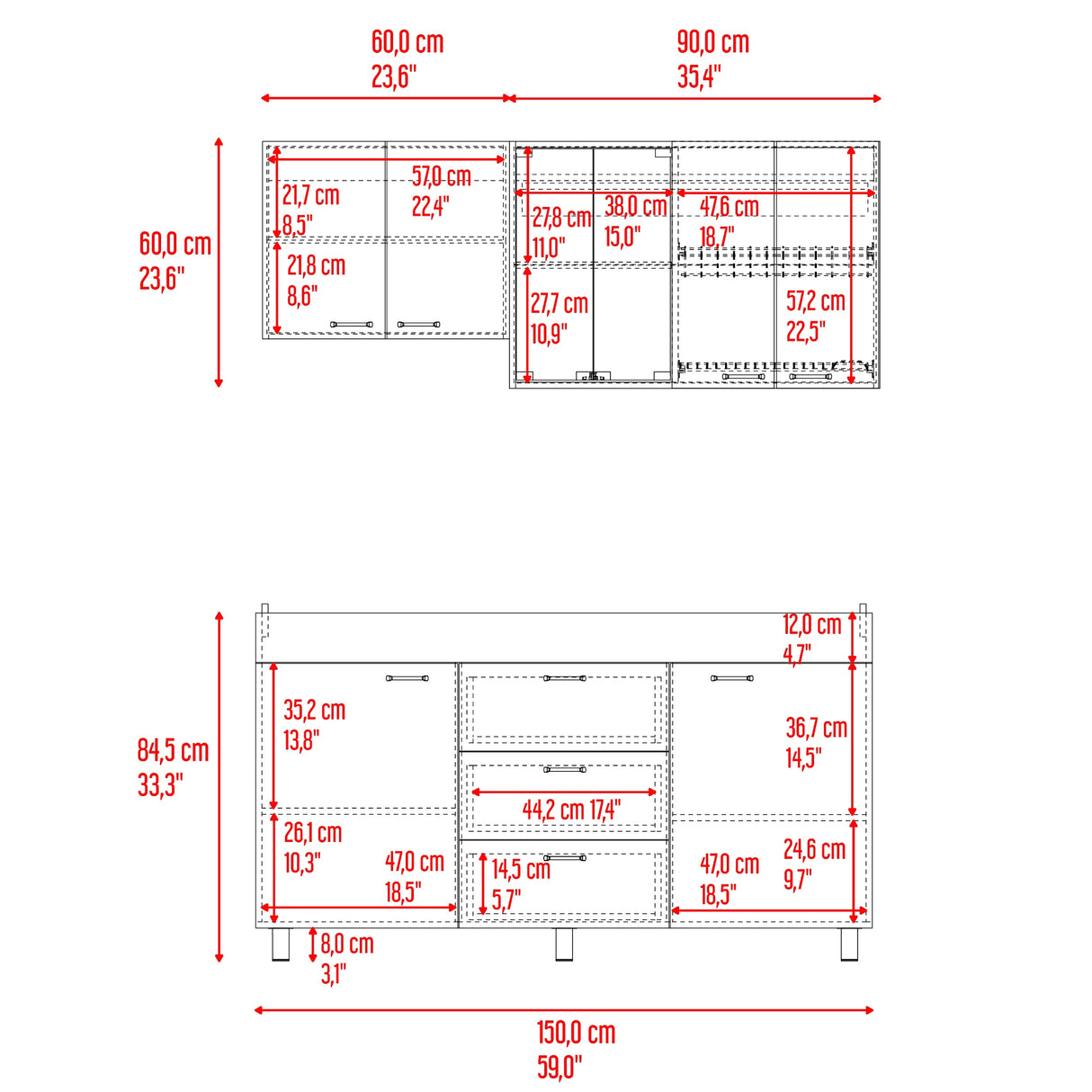 Cocina Lumina Blanco Roble y Gris 150x60cm con Mesón de Acero Inoxidable Lado Derecha y con Estufa - COCINAS | Bylmo
