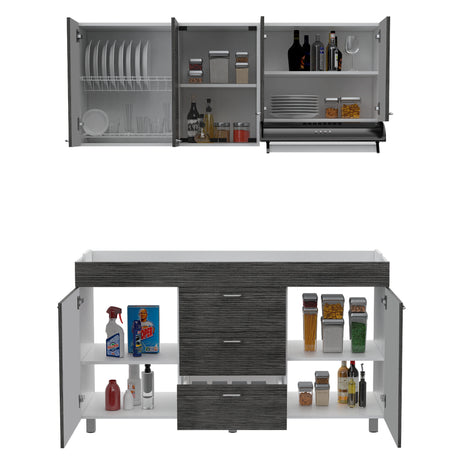 Cocina Lumina Blanco Roble y Gris 150x60cm con Mesón de Acero Inoxidable Lado Izquierda y con Estufa - COCINAS | Bylmo