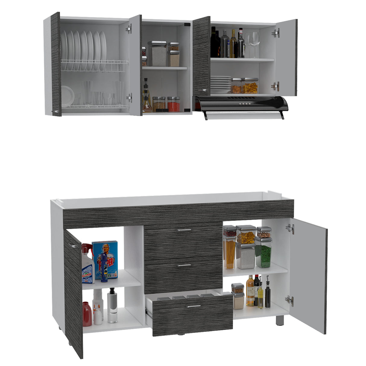 Cocina Lumina Blanco Roble y Gris 150x60cm con Mesón de Acero Inoxidable Lado Izquierda y con Estufa - COCINAS | Bylmo