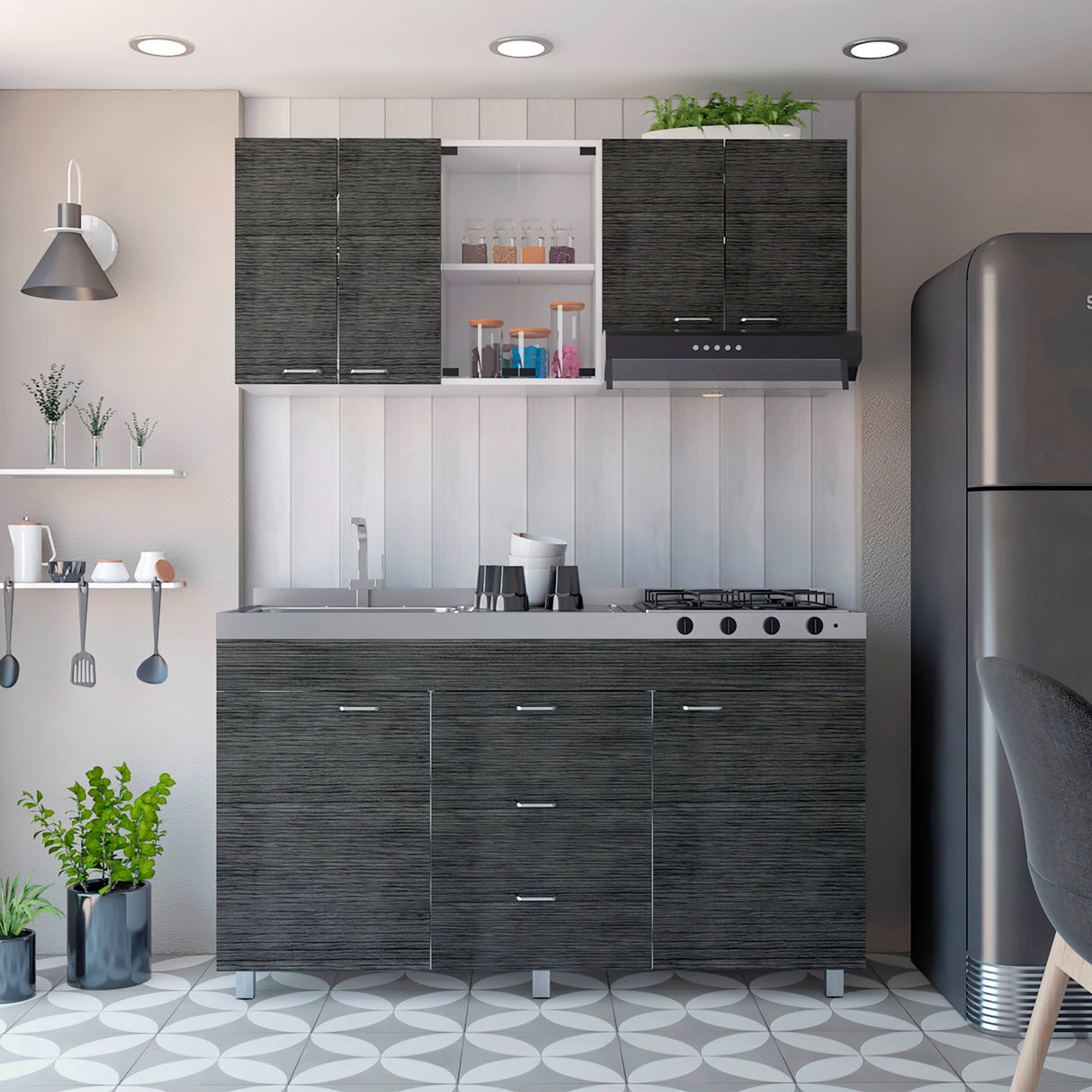 Cocina Lumina Blanco Roble y Gris 150x60cm con Mesón de Acero Inoxidable Lado Izquierda y con Estufa - COCINAS | Bylmo