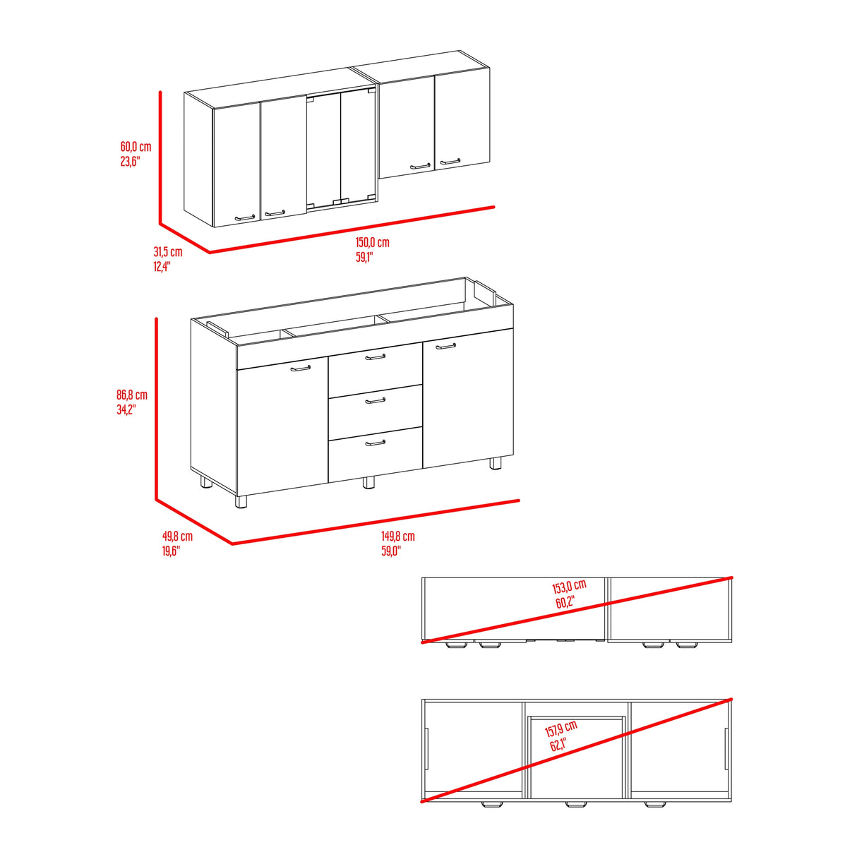 Cocina Lumina Blanco Roble y Gris 150x60cm con Mesón de Acero Inoxidable Lado Izquierda y con Estufa - COCINAS | Bylmo