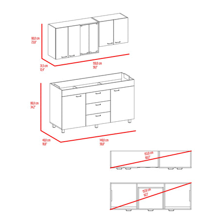 Cocina Lumina Blanco Roble y Gris 150x60cm con Mesón de Acero Inoxidable Lado Izquierda y con Estufa - COCINAS | Bylmo