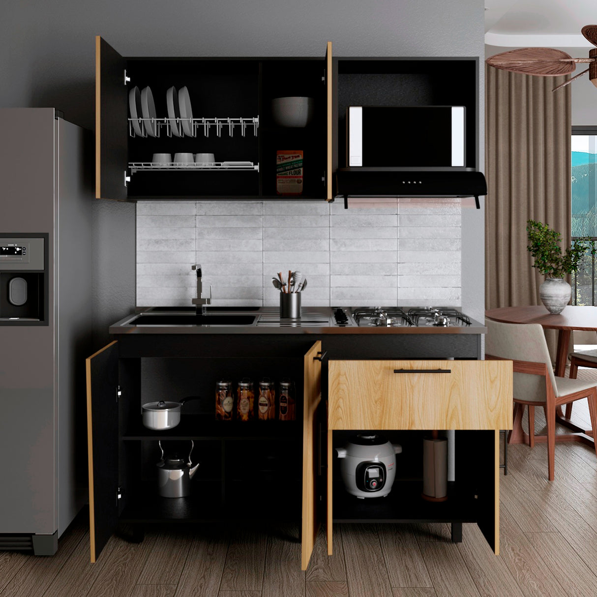 Cocina Emilia Fresno Europeo y Wengue 150x60.1cm sin Mesón y sin Estufa - COCINAS | Bylmo