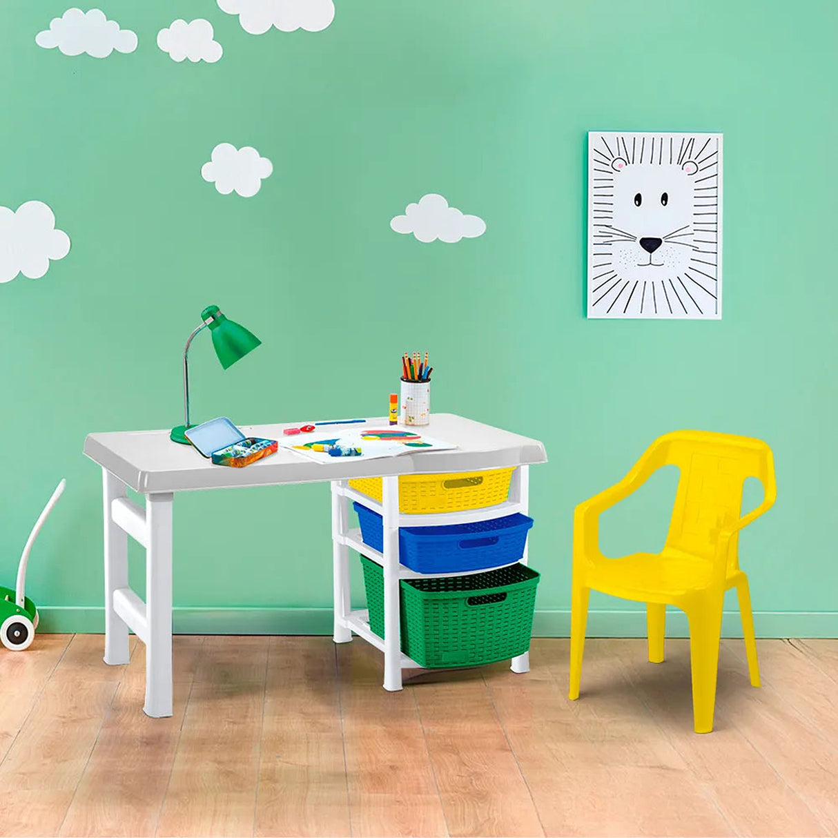 Combo Escritorio y Silla Infantil Rimax Amarillo Mostaza 88x50cm con Tres Cajones - ESCRITORIOS | Bylmo