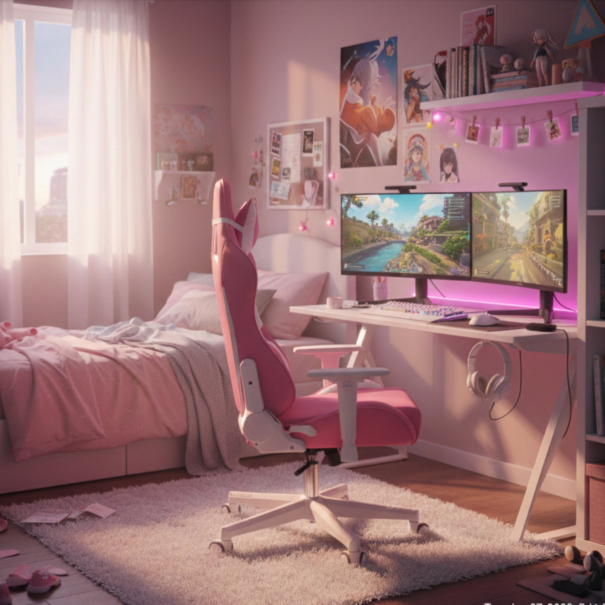 Silla Gamer Ktty Rosa y Blanco 54x137cm Reclinable con Soporte Lumbar y Apoya Cabezas - SILLAS DE OFICINA | Bylmo