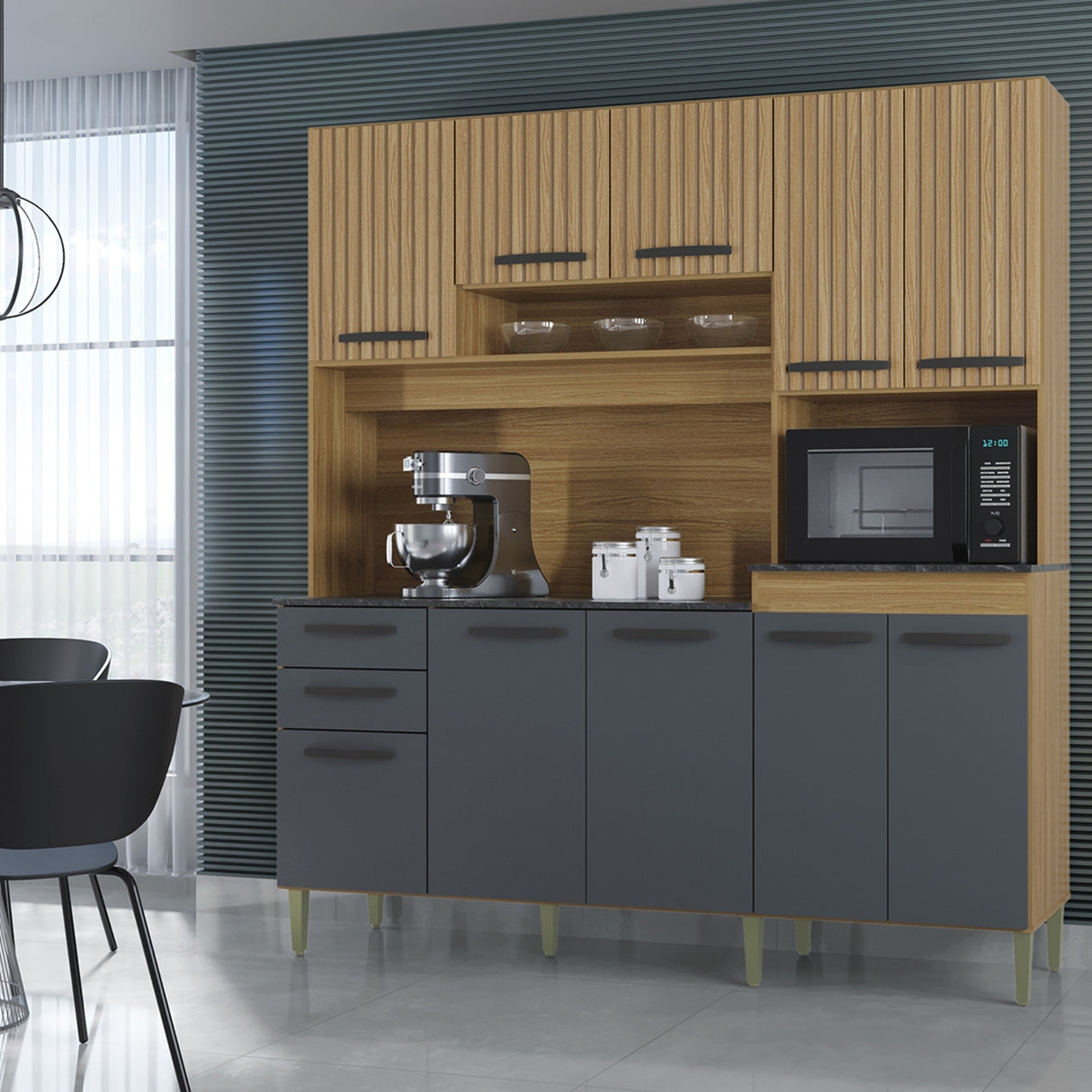 Alacena Elisa Castaño y Gris 180x200cm con Nueve Puertas y con Dos Cajones - ALACENAS Y MUEBLES MICROONDAS | Bylmo