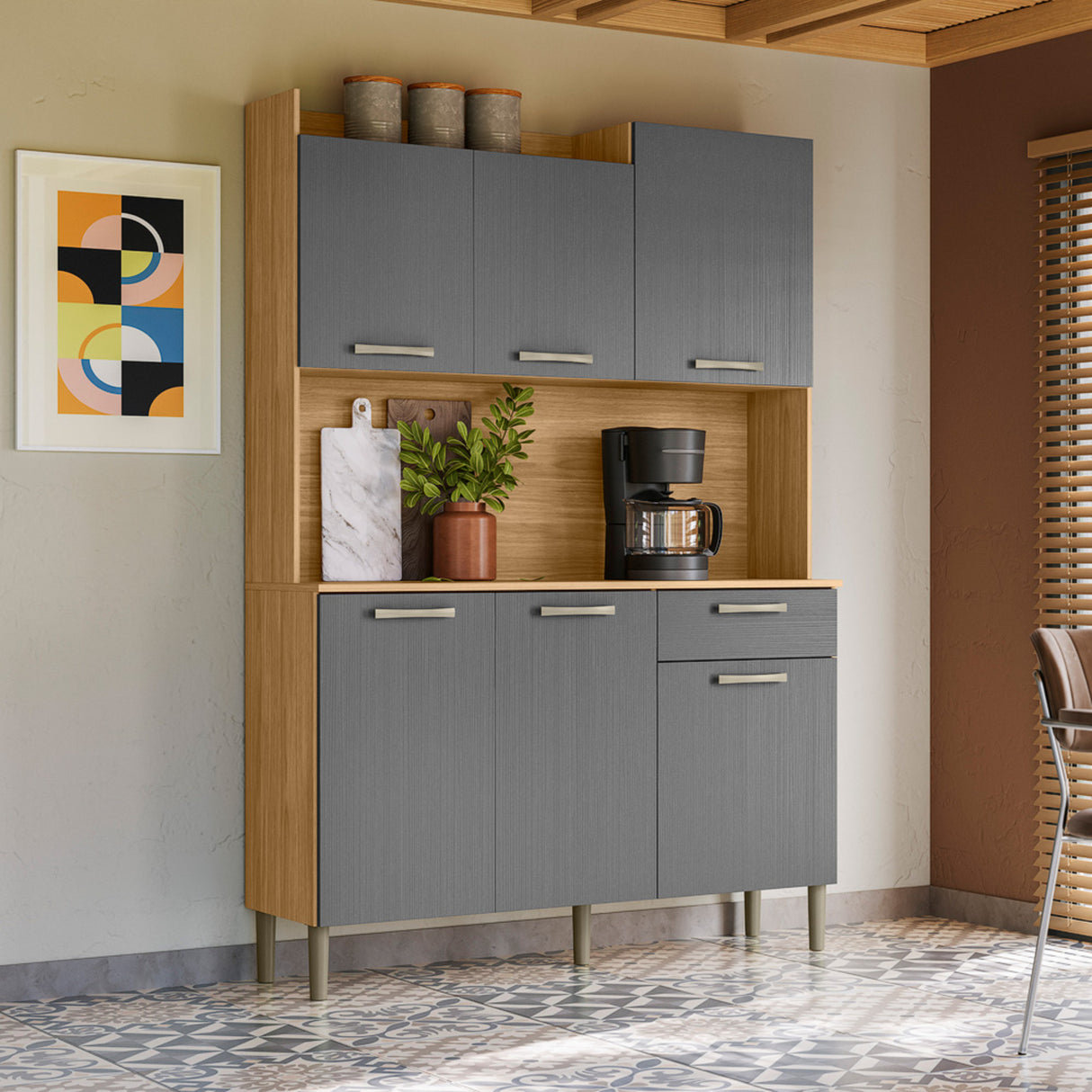 Alacena Genova Castaño y Gris 121x176cm con Seis Puertas y con Un Cajón - ALACENAS Y MUEBLES MICROONDAS | Bylmo