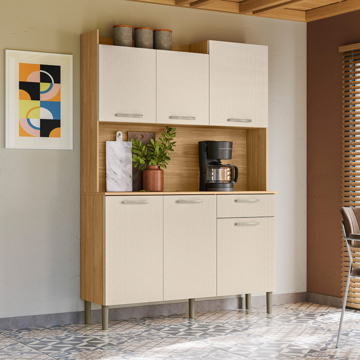 Alacena Genova Castaño y Beige 121x176cm con Seis Puertas y con Un Cajón - ALACENAS Y MUEBLES MICROONDAS | Bylmo