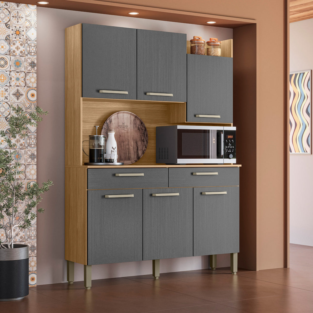 Alacena Moderna Castaño y Gris 132x186cm con Seis Puertas y con Dos Cajones - ALACENAS Y MUEBLES MICROONDAS | Bylmo