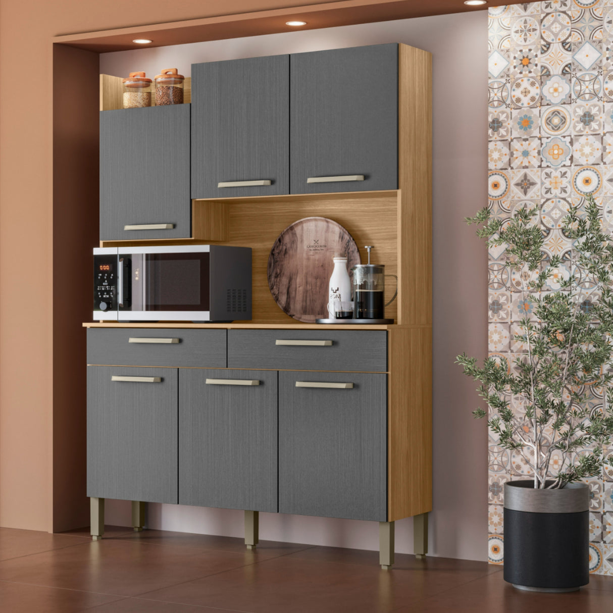 Alacena Moderna Castaño y Gris 132x186cm con Seis Puertas y con Dos Cajones - ALACENAS Y MUEBLES MICROONDAS | Bylmo