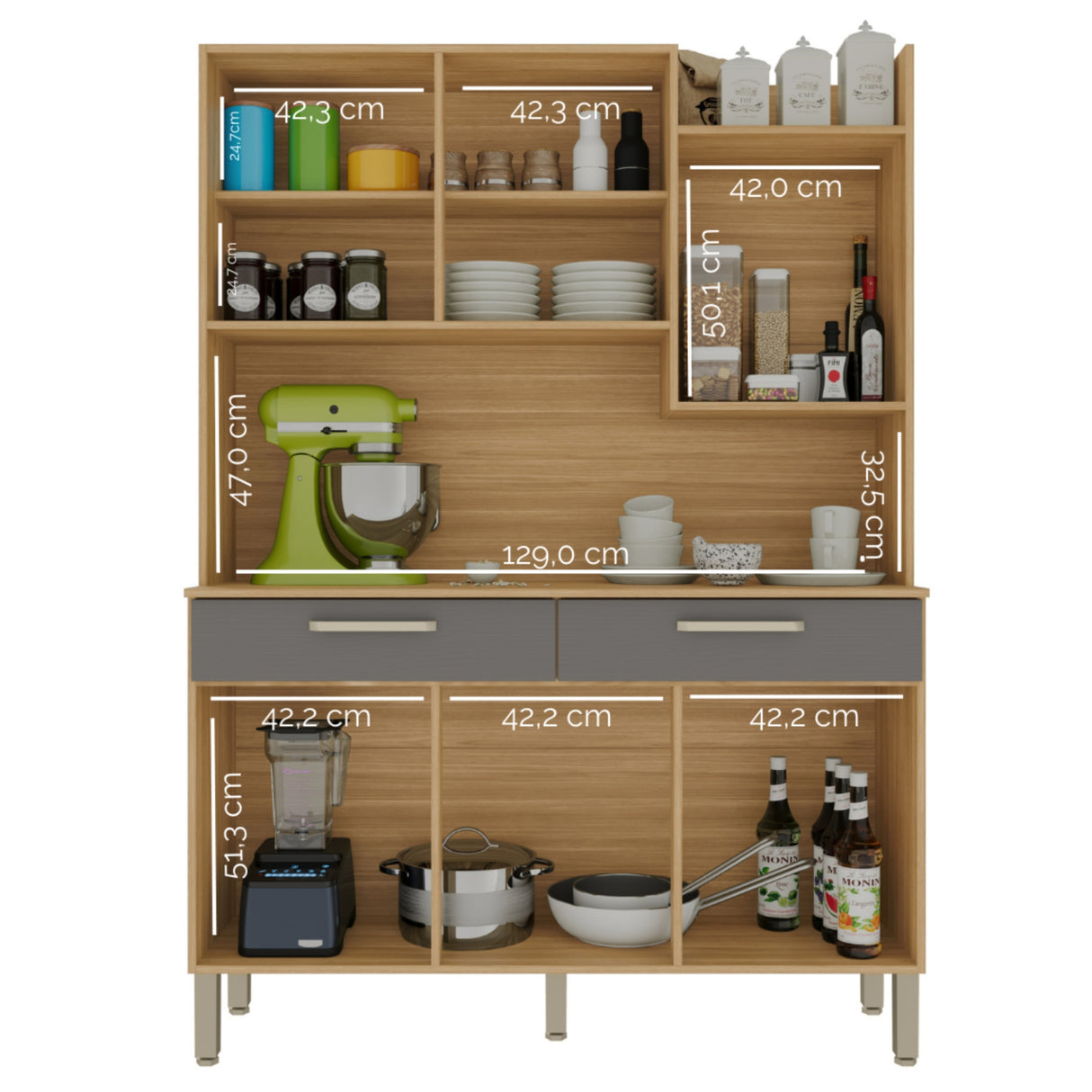 Alacena Moderna Castaño y Gris 132x186cm con Seis Puertas y con Dos Cajones - ALACENAS Y MUEBLES MICROONDAS | Bylmo