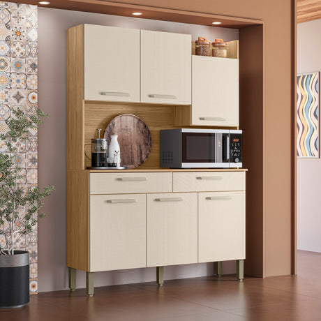 Alacena Moderna Castaño y Beige 132x186cm con Seis Puertas y con Dos Cajones - ALACENAS Y MUEBLES MICROONDAS | Bylmo