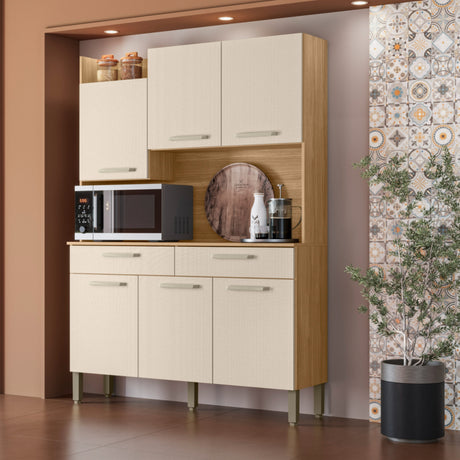 Alacena Moderna Castaño y Beige 132x186cm con Seis Puertas y con Dos Cajones - ALACENAS Y MUEBLES MICROONDAS | Bylmo