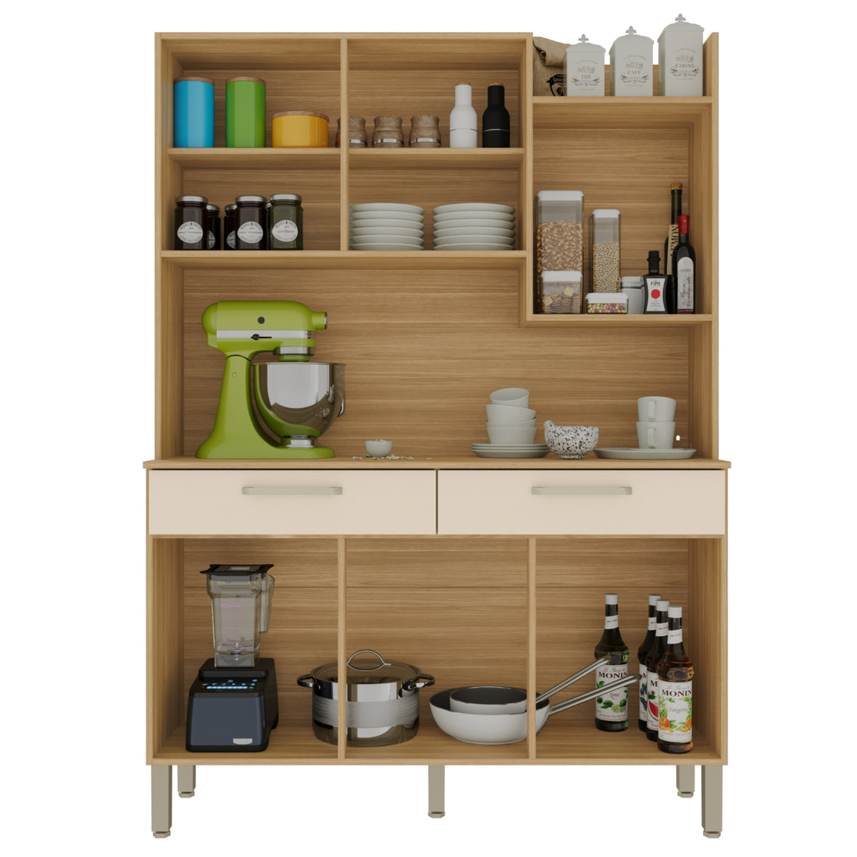 Alacena Moderna Castaño y Beige 132x186cm con Seis Puertas y con Dos Cajones - ALACENAS Y MUEBLES MICROONDAS | Bylmo