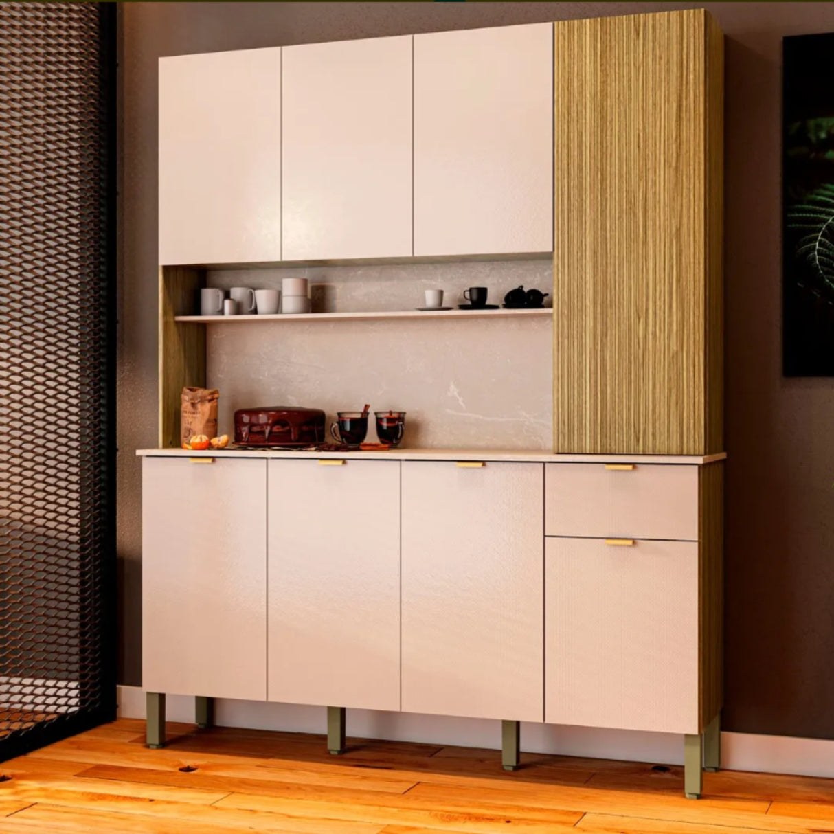 Alacena Slow Castaño y Beige 200x161cm con Ocho Puertas y con Un Cajón - ALACENAS Y MUEBLES MICROONDAS | Bylmo